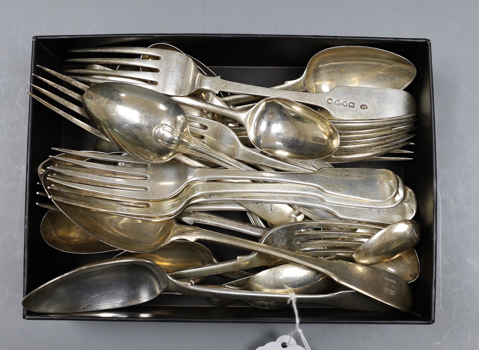 A mixed part canteen of George III and later silver mainly fiddle or fiddle and thread flatware, various dates and makers, comprising thirty two items